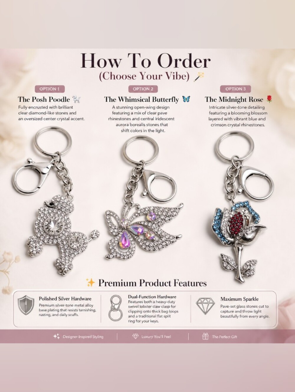 🌟 NWT Crystal Rhinestone Bag Charm & Keychain — Pick Your Style! 🌟